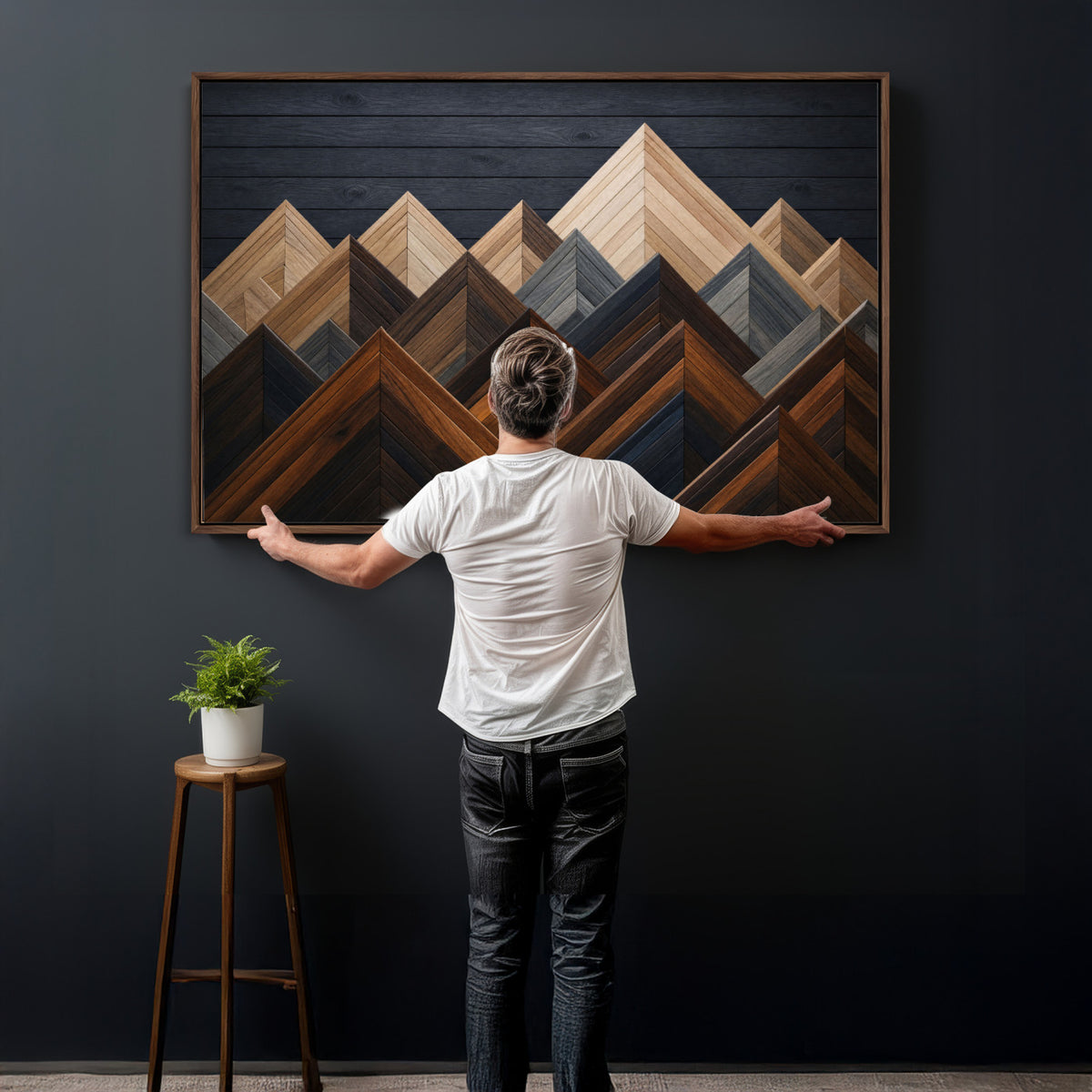 70531117-MGV-CV-36X24 - Geometric Wood Mountain Wall Art Canvas Print, 3D Look Rustic Mosaic Landscape Print