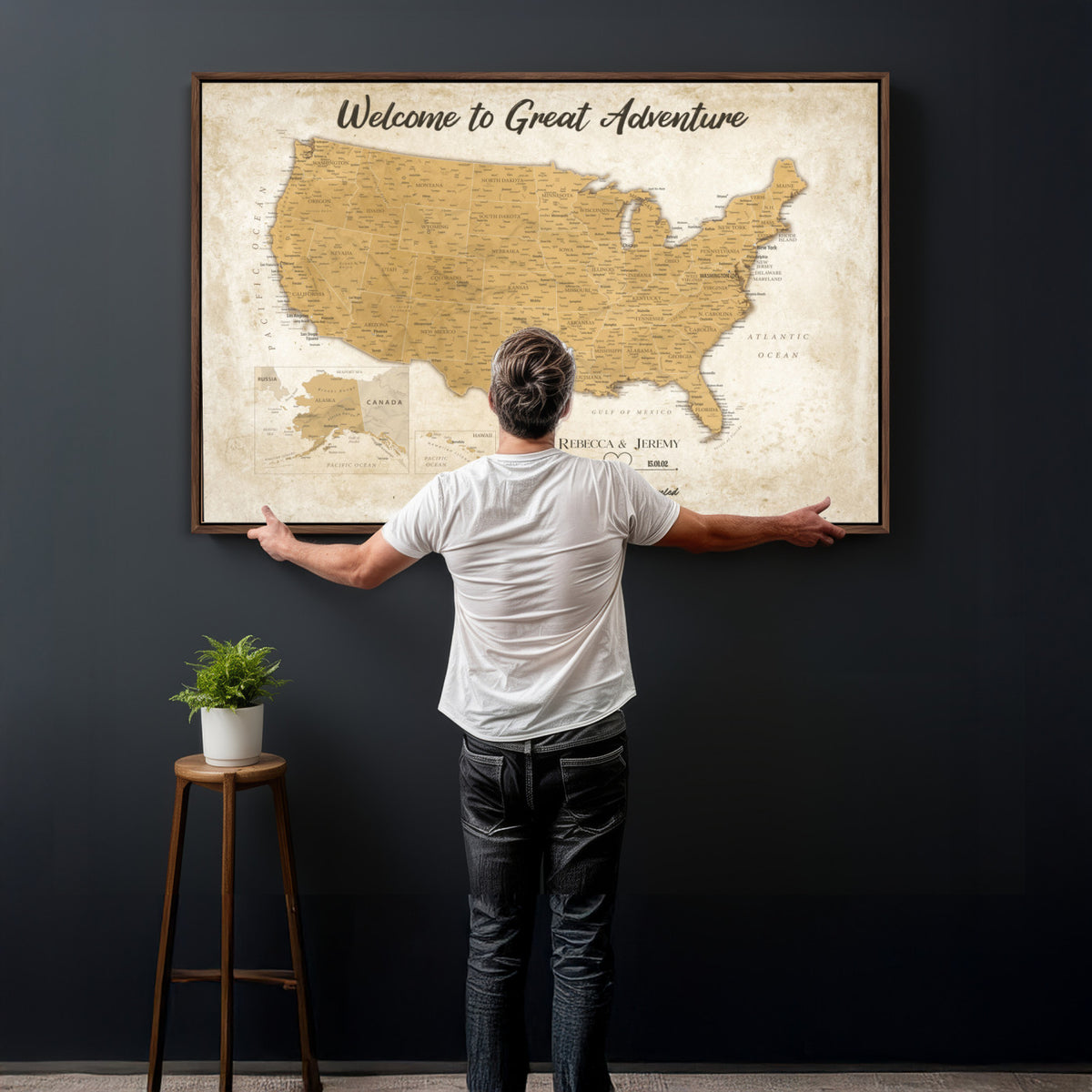 81437082-MGV-CV-36X24 - Custom Push Pin Travel USA Map Canvas Print, Cream Personalized Travel Tracker America Map, Anniversary Traveler Gift