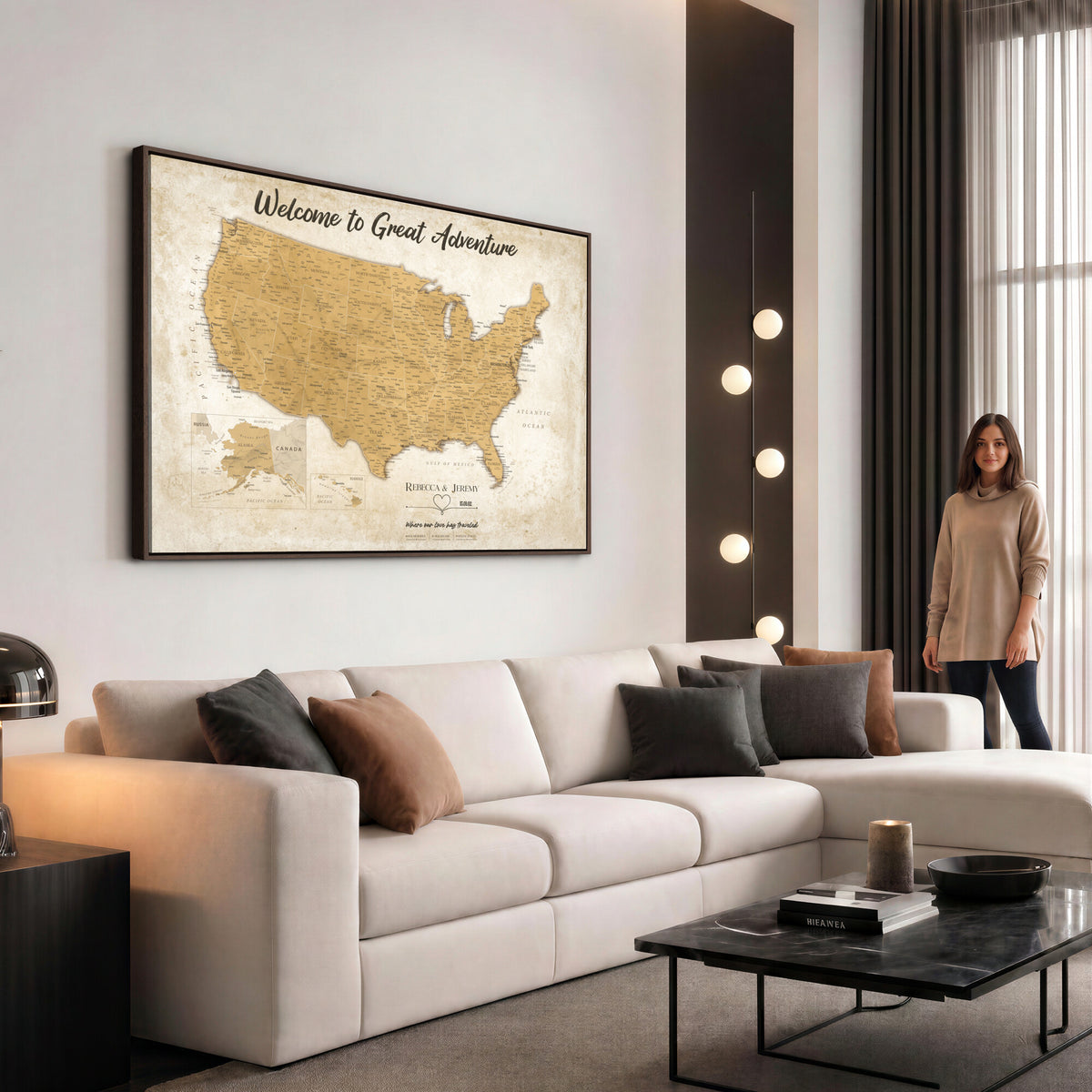 81437082-MGV-CV-36X24 - Custom Push Pin Travel USA Map Canvas Print, Cream Personalized Travel Tracker America Map, Anniversary Traveler Gift