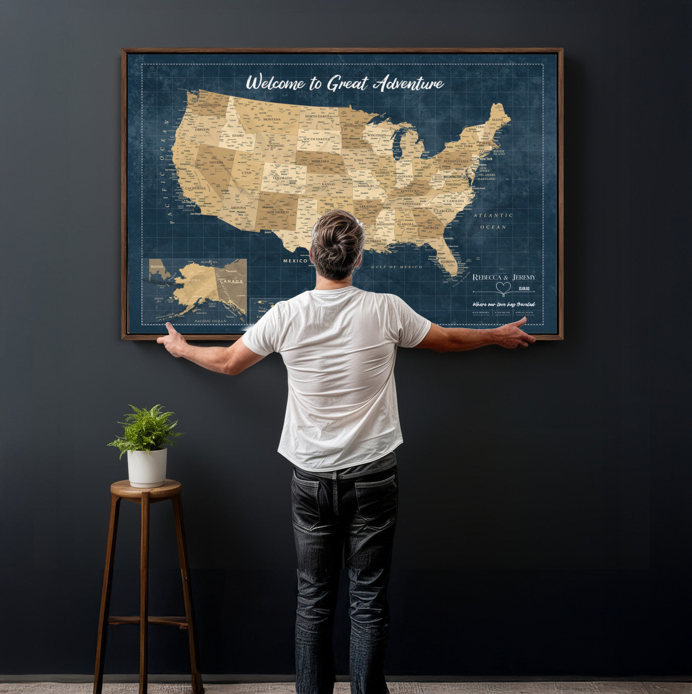 58851035-MGV-CV-36X24 - Custom Push Pin Travel USA Map Canvas Print, Cream Personalized Travel Tracker America Map, Anniversary Traveler Gift