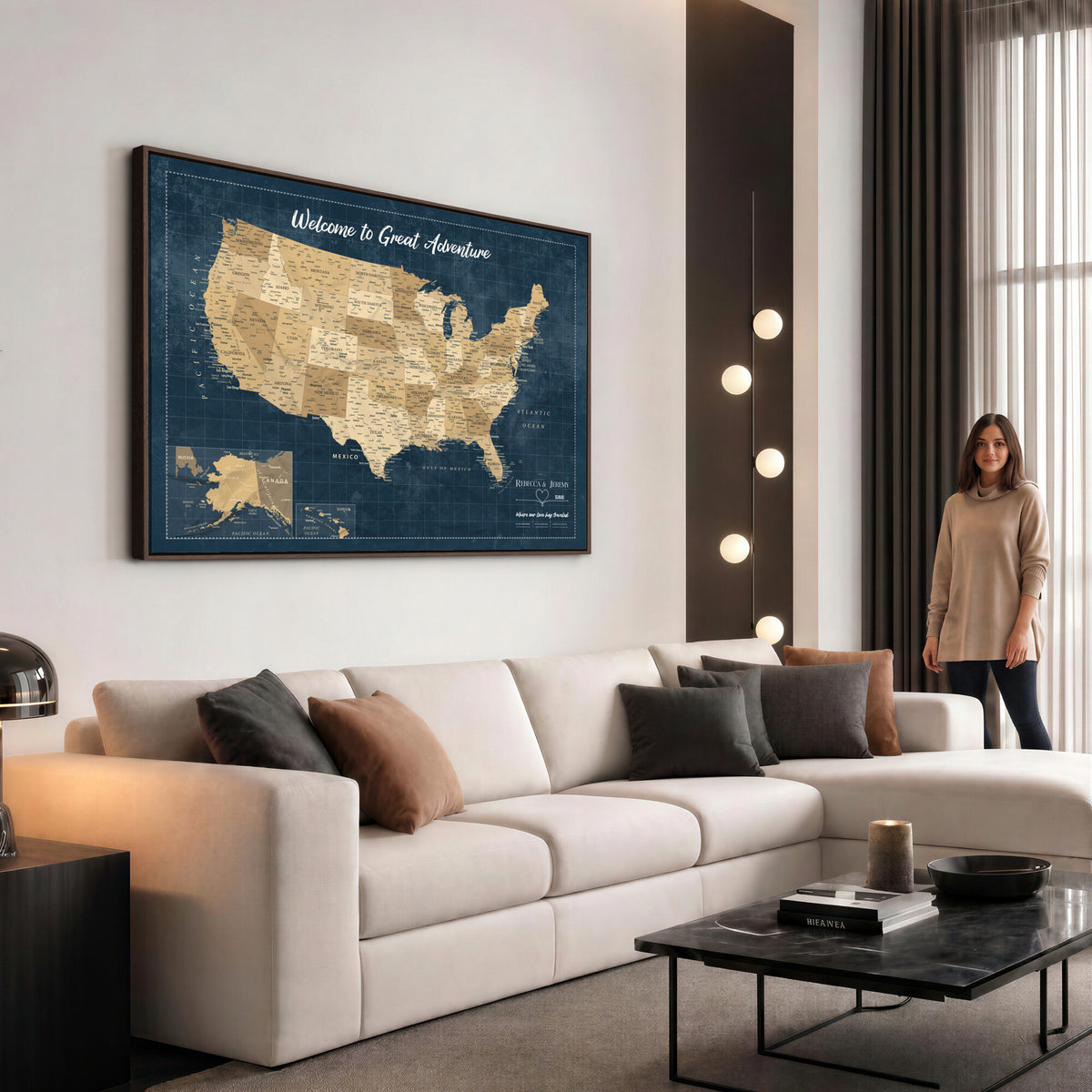 58851035-MGV-CV-36X24 - Custom Push Pin Travel USA Map Canvas Print, Cream Personalized Travel Tracker America Map, Anniversary Traveler Gift