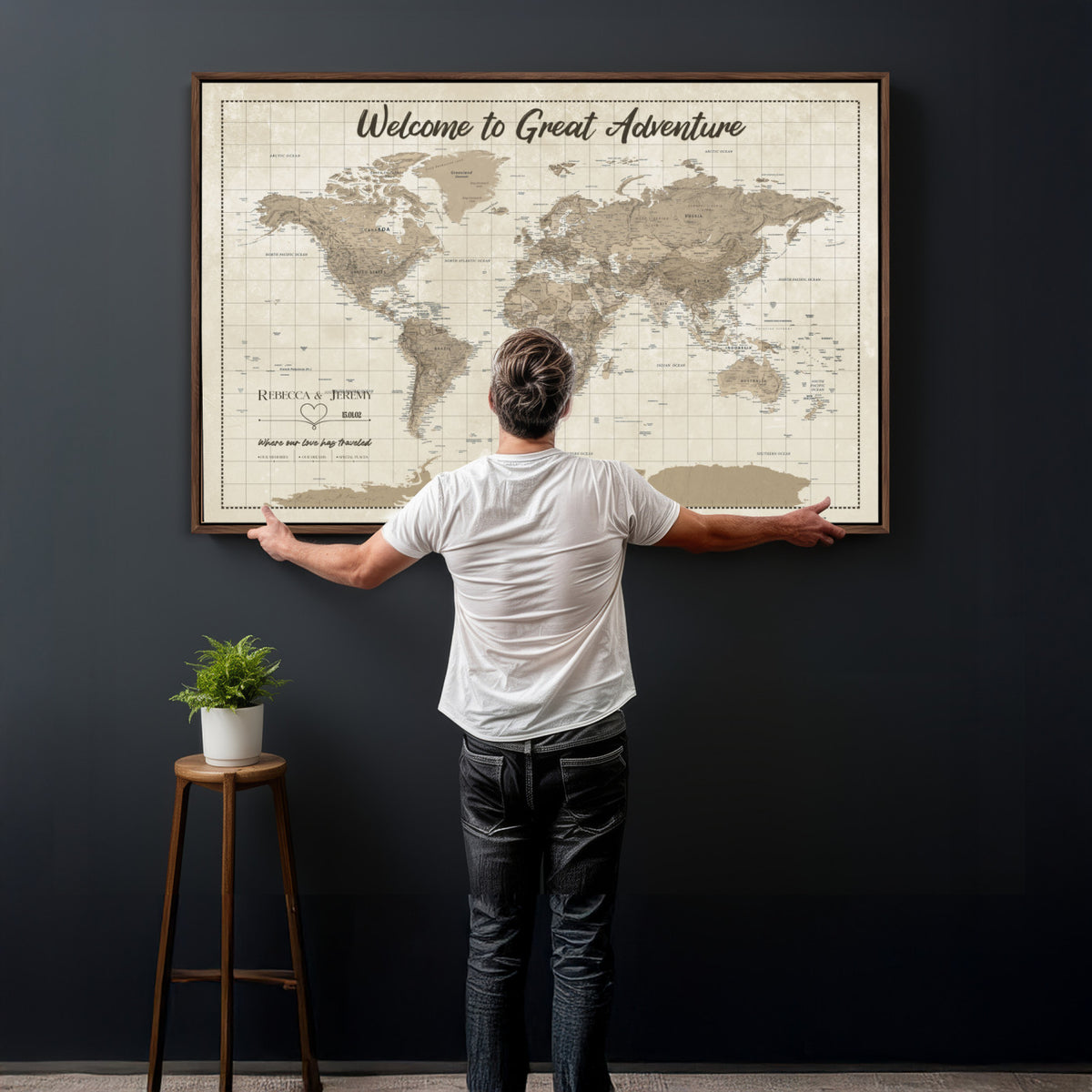 51180020-MGV-CV-36X24 - Custom Push Pin Travel Map Canvas Print, Cream Personalized Travel Tracker Map, Anniversary Gift, Vintage World Map Wall Art