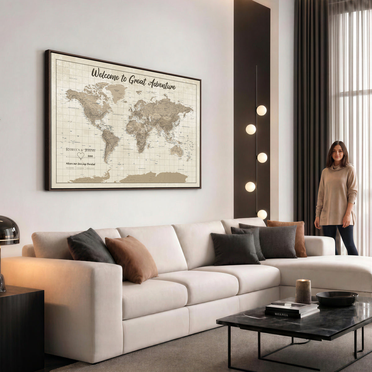 51180020-MGV-CV-36X24 - Custom Push Pin Travel Map Canvas Print, Cream Personalized Travel Tracker Map, Anniversary Gift, Vintage World Map Wall Art