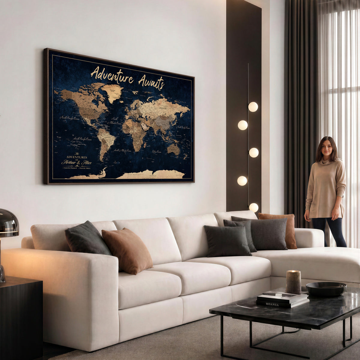57167164-MGV-CV-36X24 - Custom Push Pin Travel Map Canvas Print, Navy Blue Personalized Travel Tracker Map, Anniversary Gift, Vintage World Map Wall Art