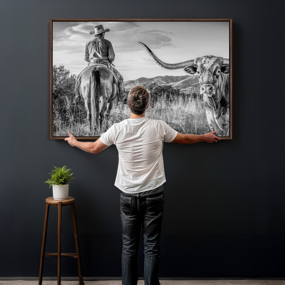 62076449WB-MGV-CV-36X24 - Texas Cowboy and Longhorn Bull Print for Western Wall Art Decor for Farmhouse