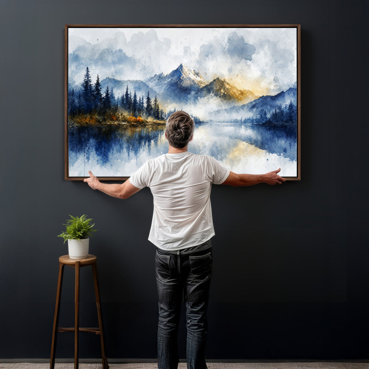 62076449DG-MGV-CV-36X24 - Abstract Watercolor Mountain Lake Wall Art Print for Living Room Decor