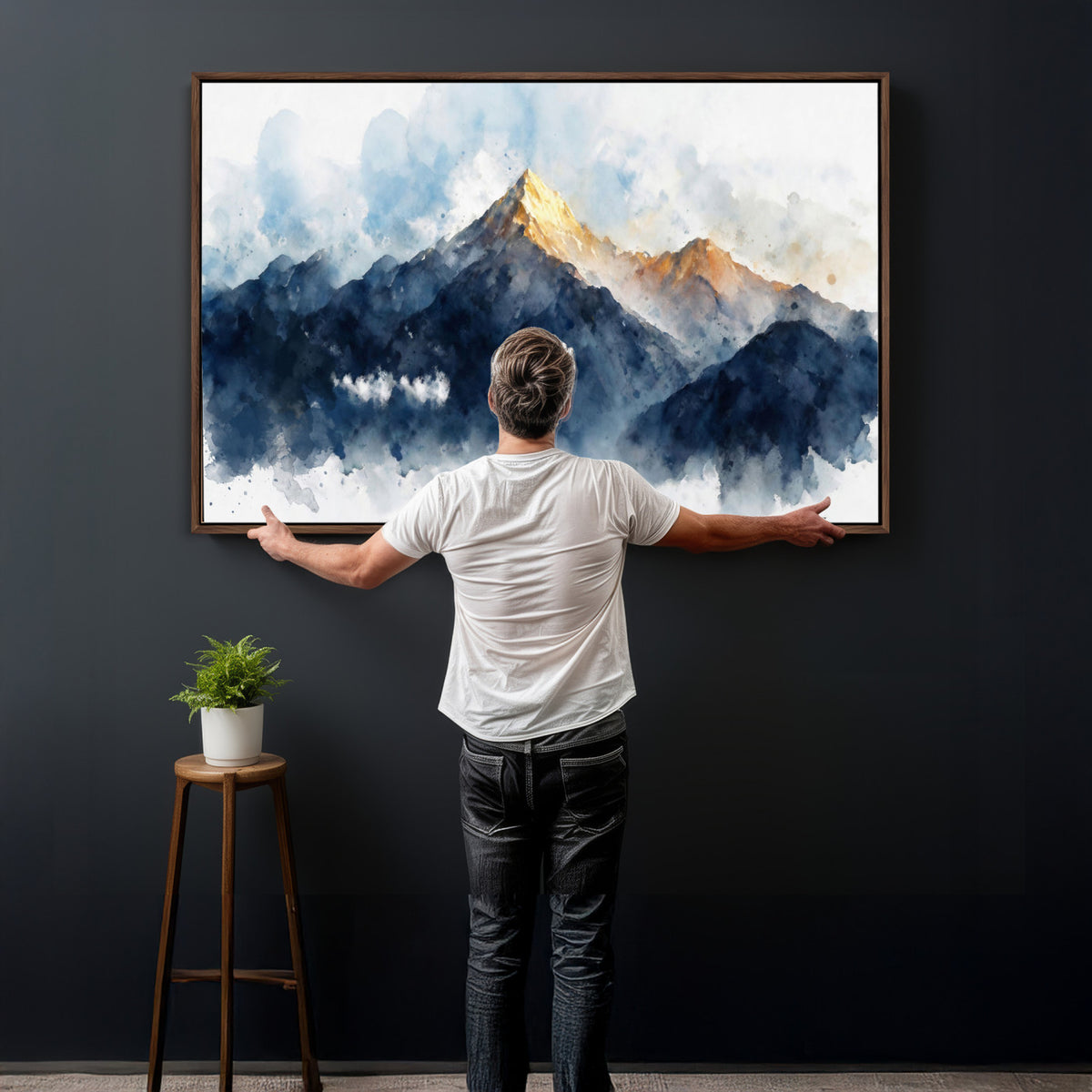 62076449DG1-MGV-CV-36X24 - Abstract Watercolor Mountain Lake Wall Art Print for Living Room Decor