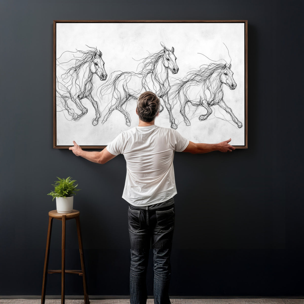 53600119-MGV-CV-36X24 - Monochrome Horse Canvas Wall Art, Black Ink Sketch Wild Horses Print, Minimalist Equestrian Artwork, Modern Abstract Line Decor, Urban Loft Gift
