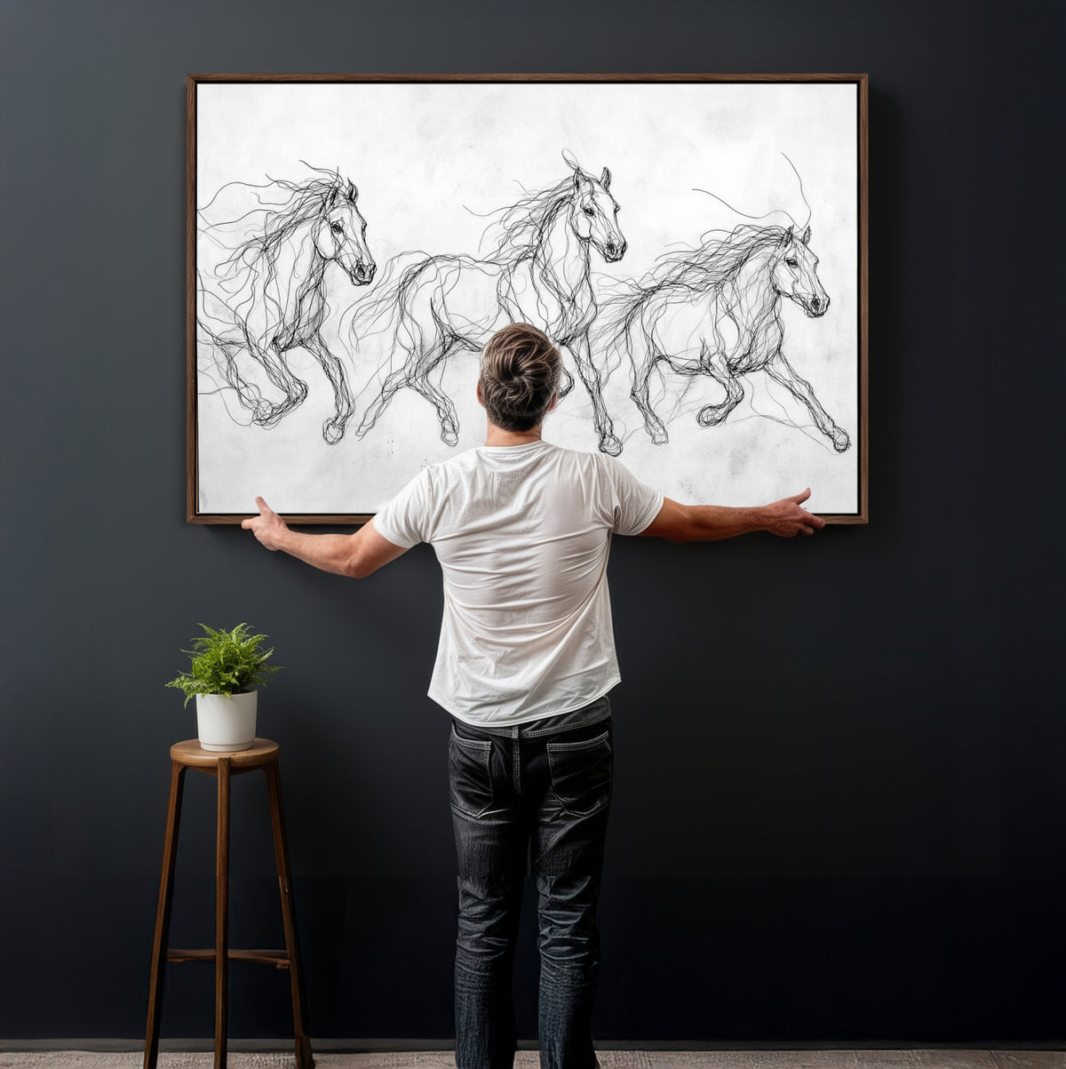 53600119-MGV-CV-36X24 - Monochrome Horse Canvas Wall Art, Black Ink Sketch Wild Horses Print, Minimalist Equestrian Artwork, Modern Abstract Line Decor, Urban Loft Gift