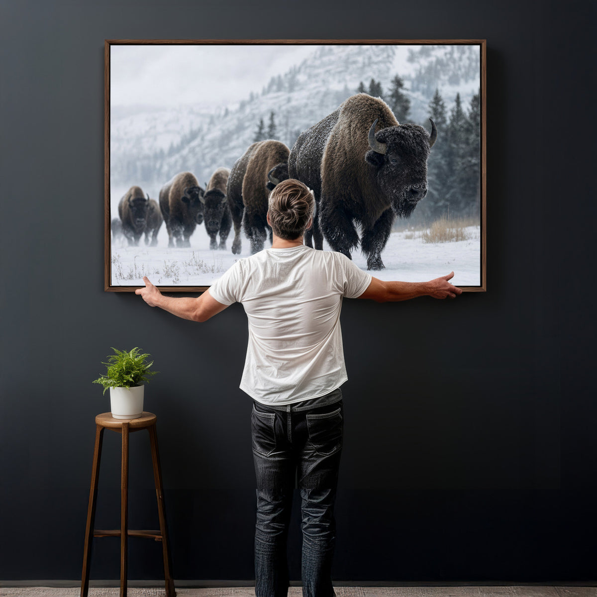 18343289-MGV-CV-36X24 - Rustic Bison Wall Art, American Buffalo Photo Print, Wildlife Canvas Artwork, Snowy Mountain Decor, Large Nature Poster, Cabin Gift Idea