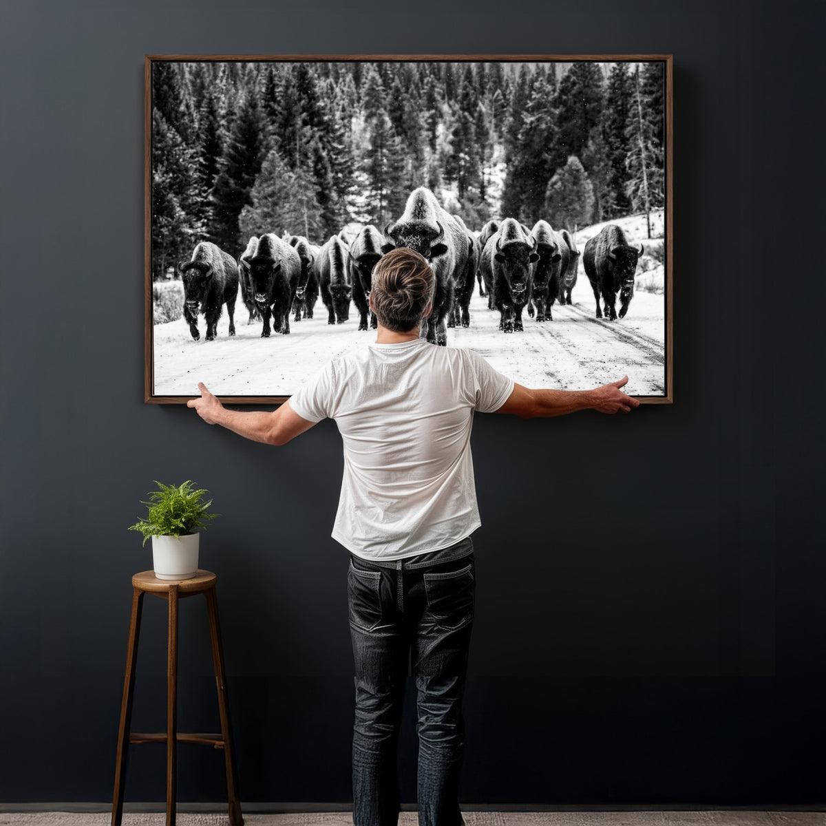 79337077-MGV-CV-36X24 - Black and White Bison Canvas Art, American Buffalo Print, Winter Wildlife Photography, Rustic Forest Wall Decor, Large Statement Nature Gift