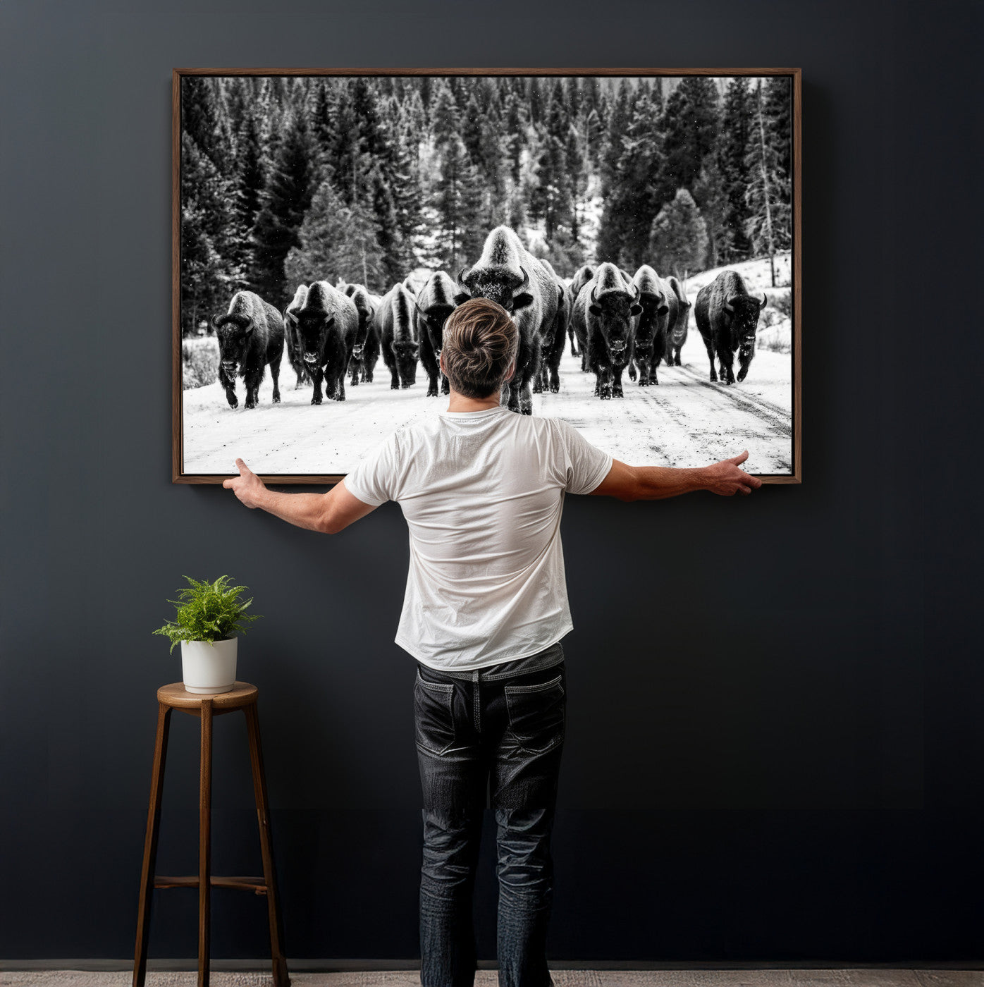 79337077-MGV-CV-36X24 - Black and White Bison Canvas Art, American Buffalo Print, Winter Wildlife Photography, Rustic Forest Wall Decor, Large Statement Nature Gift