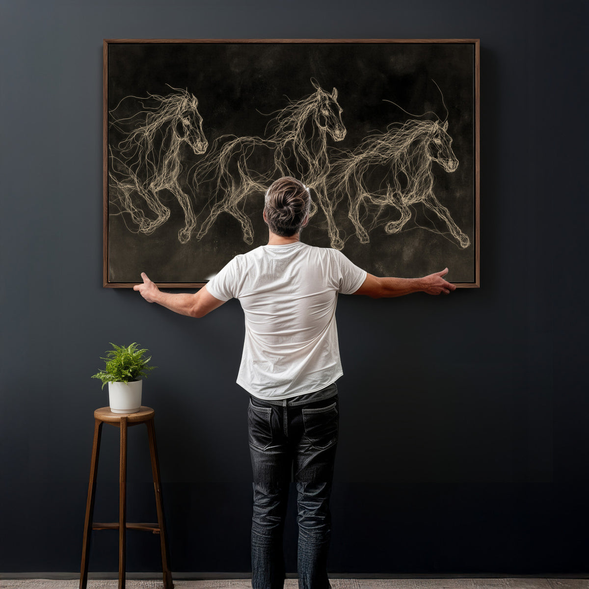 15344242-MGV-CV-36X24 - Dark Horse Line Art Canvas, Gold Scribble Wild Horses Print, Black Chalkboard Wall Art, Modern Luxury Equine Decor, Masculine Office Gift