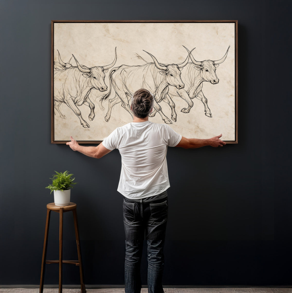 87177621-MGV-CV-36X24 - Minimalist Longhorn Line Art, Modern Texas Bull Canvas Print, Abstract Western Wall Decor, Continuous Line Artwork, Black White Ranch Gift