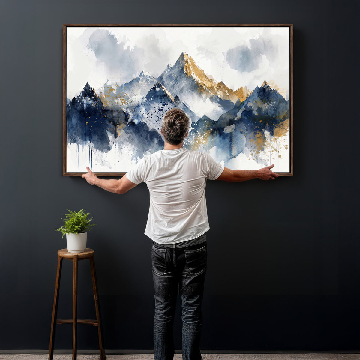 87460616-MGV-CV-36X24 - Abstract Mountain Canvas Wall Art, Blue Gold Foil Landscape Print, Modern Indigo Watercolor Poster, Large Abstract Nature, Luxury Office Gift