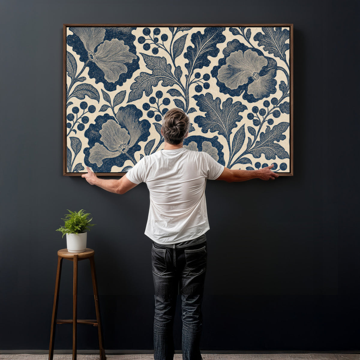 23824002-MGV-CV-36X24 - William Morris Style Navy Blue Floral Wall Art Canvas Print, Vintage Cream Botanical Painting Print