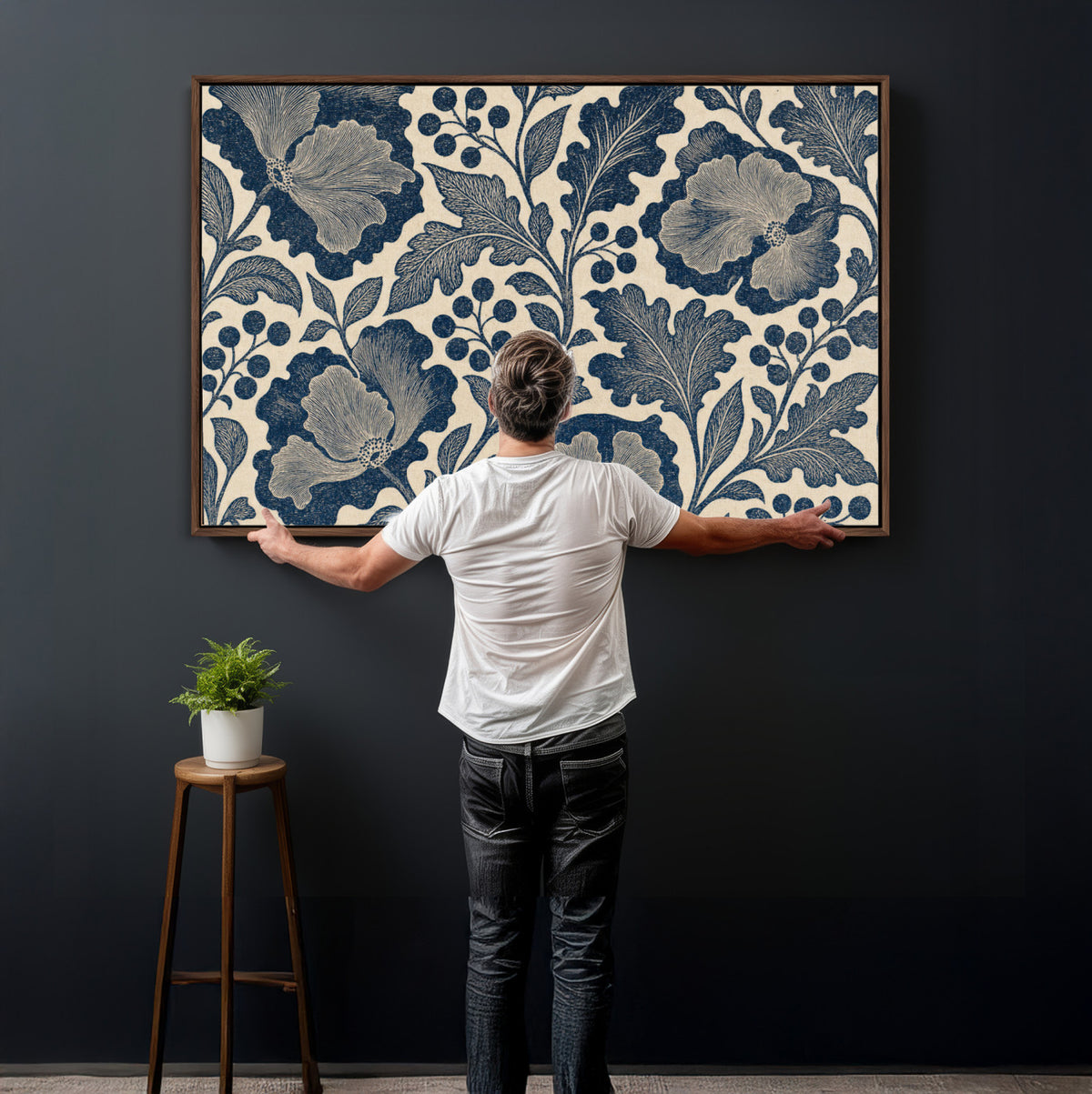 23824002-MGV-CV-36X24 - William Morris Style Navy Blue Floral Wall Art Canvas Print, Vintage Cream Botanical Painting Print