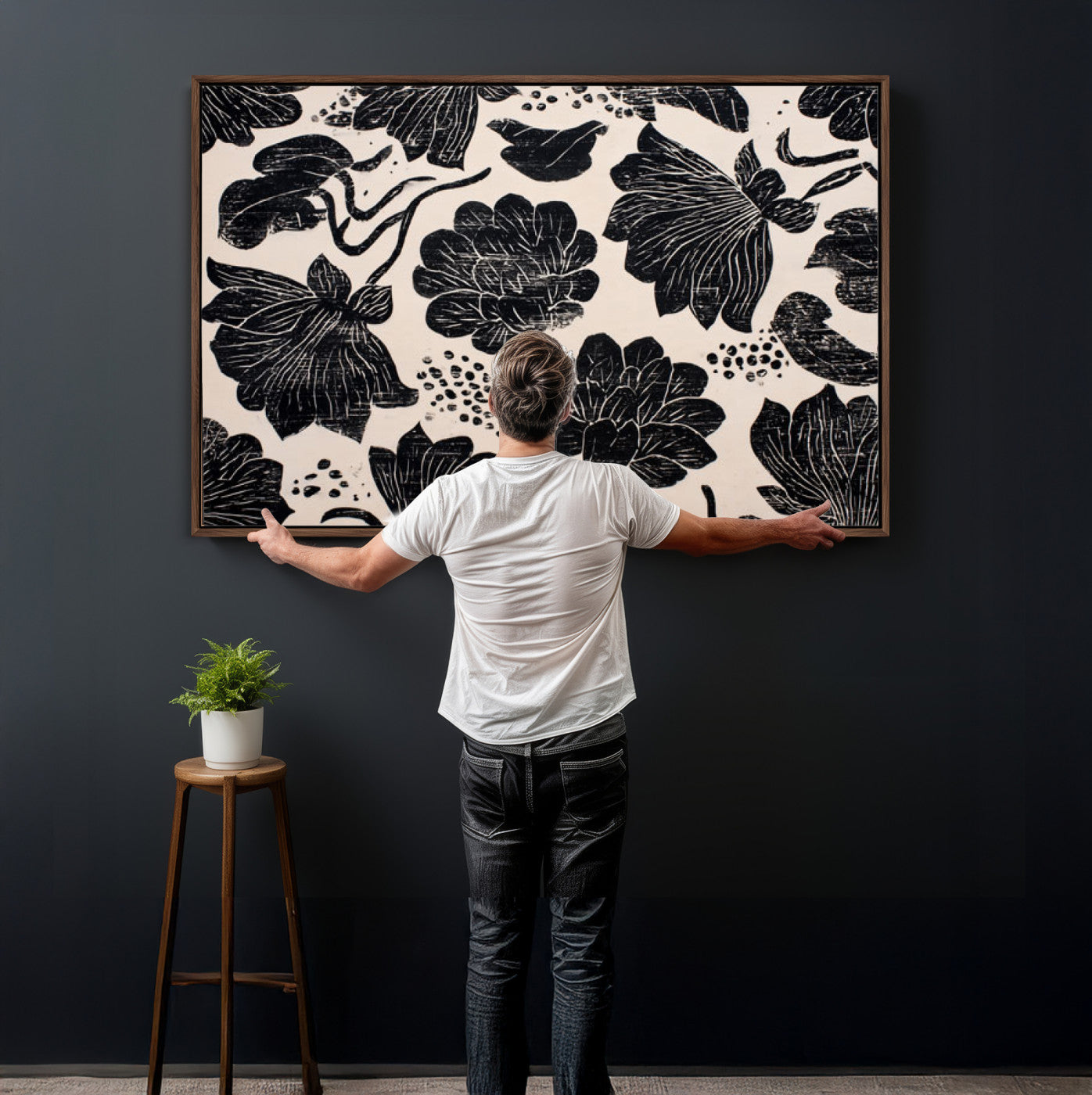 81787117-MGV-CV-36X24 - Linocut Black Lotus Floral Wall Art Canvas Print, Vintage Monochrome Botanical Painting Print