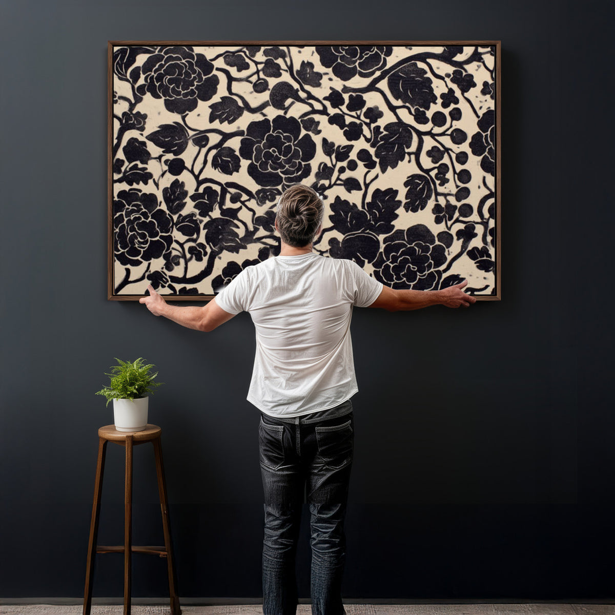 86696255-MGV-CV-36X24 - Vintage Black and Cream Floral Wall Art Canvas Print, Chinoiserie Botanical Painting Print