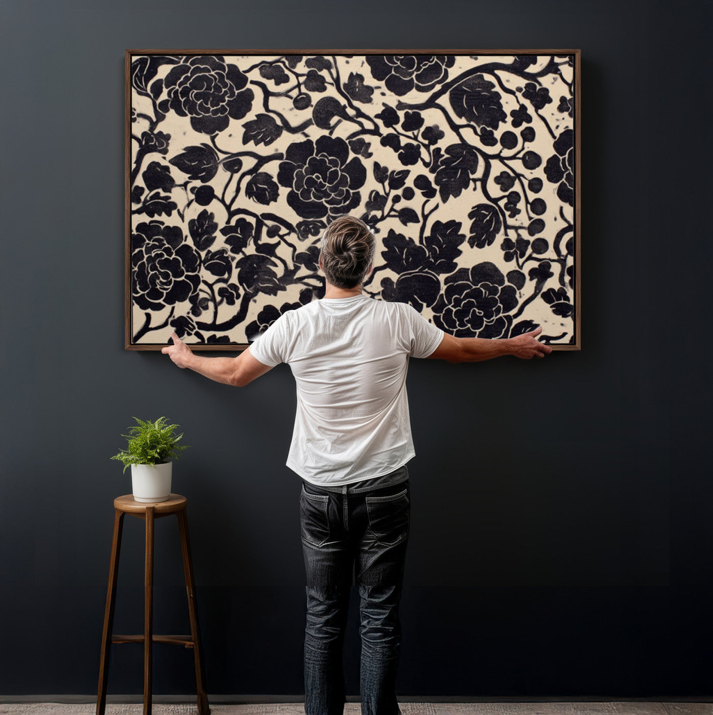 86696255-MGV-CV-36X24 - Vintage Black and Cream Floral Wall Art Canvas Print, Chinoiserie Botanical Painting Print
