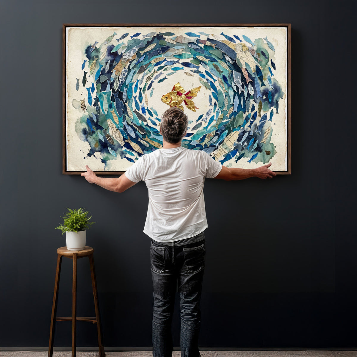 73165663-MGV-CV-36X24 - Mixed Media Blue Fish Swirl Canvas Wall Art, Goldfish Collage Ocean Print