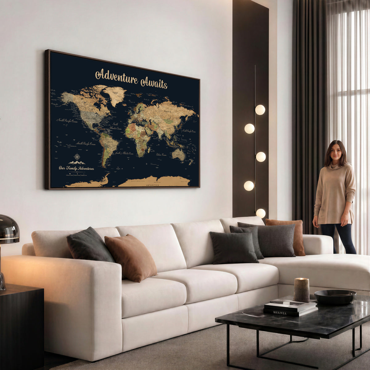88994085-MGV-CV-36X24 - Our Family Adventures Push Pin World Map Wall Art Canvas Print - Family Travel Tracker Map with Pins