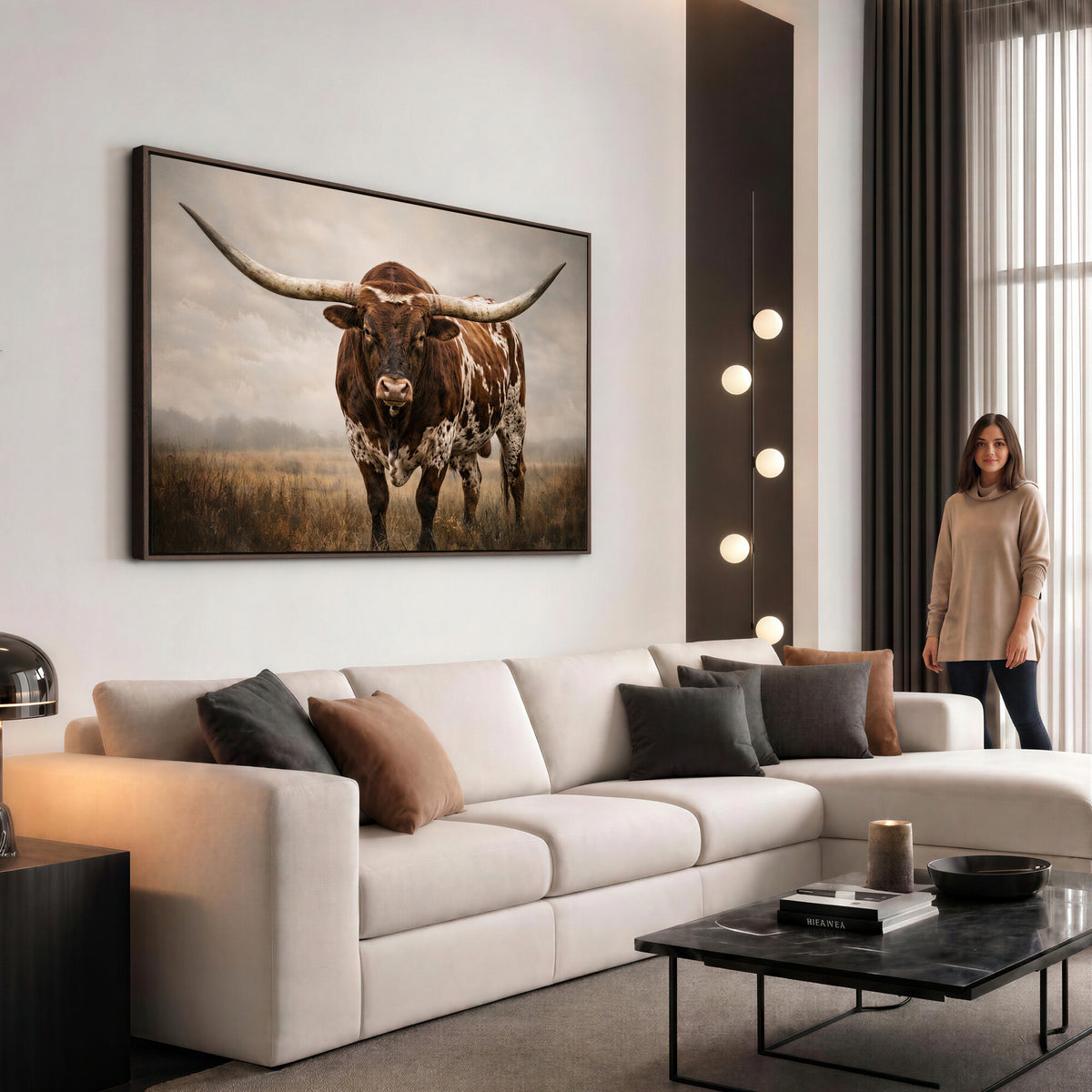 25239047A-MGV-CV-36X24 - Texas Longhorn Canvas Wall Art Western Bull Desert Moody Grey Overcast Rustic Farmhouse Framed Large for Living Room Bedroom Office Decor