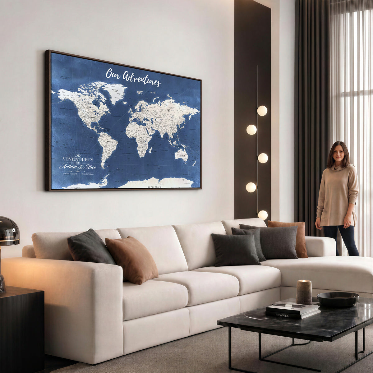 75405527-MGV-CV-36X24 - Extra Large Framed Personalize Push Pin World Map Wall Art Canvas Print for Travel Tracking