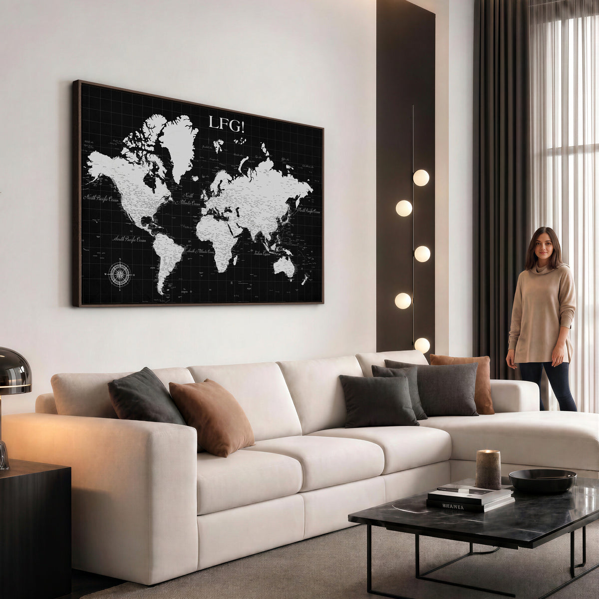 68209291-MGV-CV-36X24 - Extra Large Framed Personalize Push Pin World Map Wall Art Canvas Print for Travel Tracking