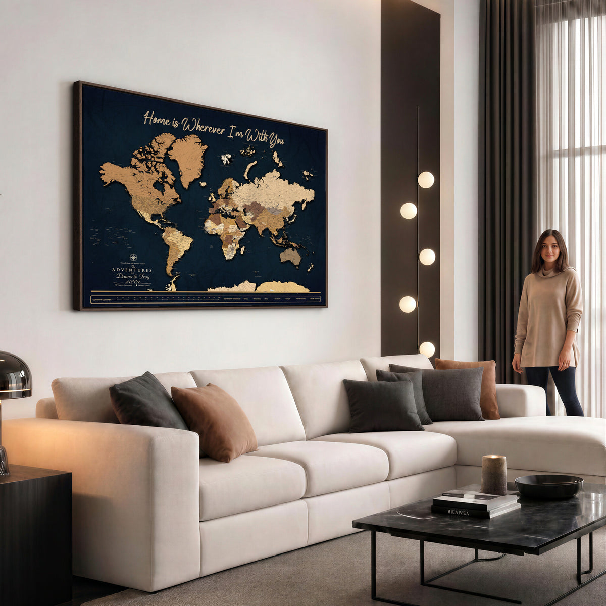 13903533-MGV-CV-36X24 - Extra Large Framed Personalize Push Pin World Map Wall Art Canvas Print for Travel Tracking