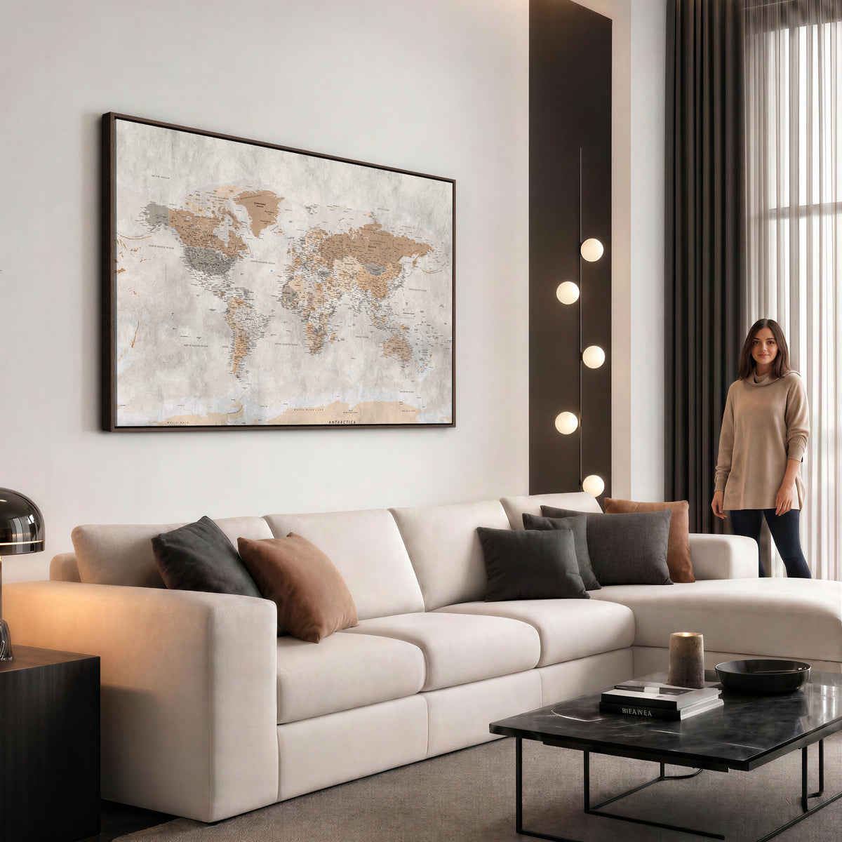 18074626DD-MGV-CV-36X24 - Extra Large Framed Personalize Push Pin World Map Wall Art Canvas Print for Travel Tracking NEWMAP - 009