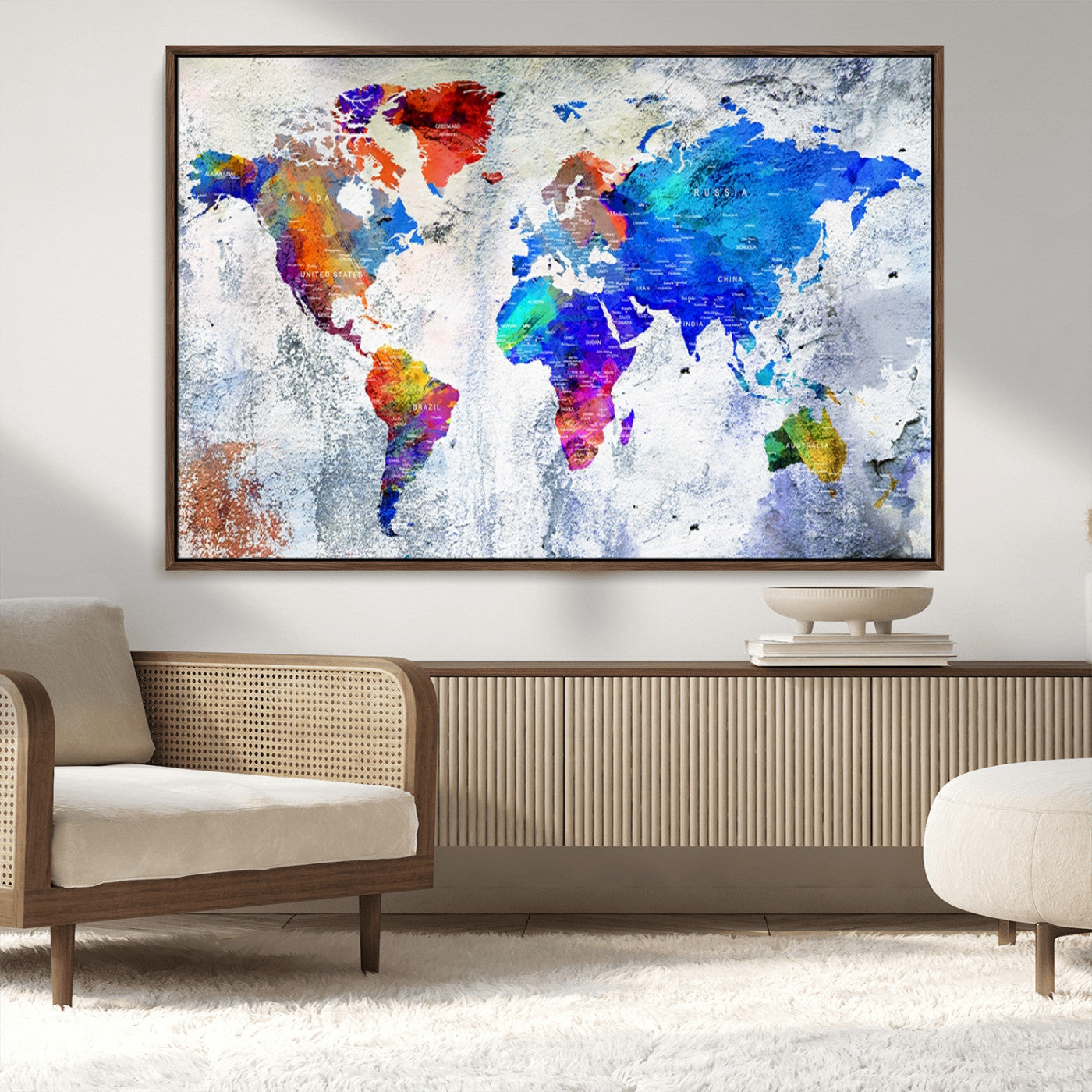 -World Map Canvas Print – Colorful Abstract Push Pin Travel Map, Framed Wall Art for Home or Office Decor