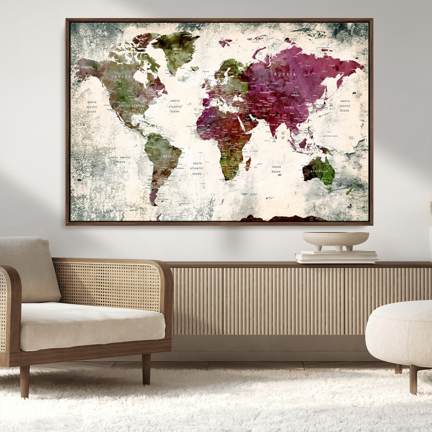 39882-MGV-CV-36X24-Vintage Watercolor Push Pin World Map Canvas – Framed Travel Wall Art for Home and Office Decor