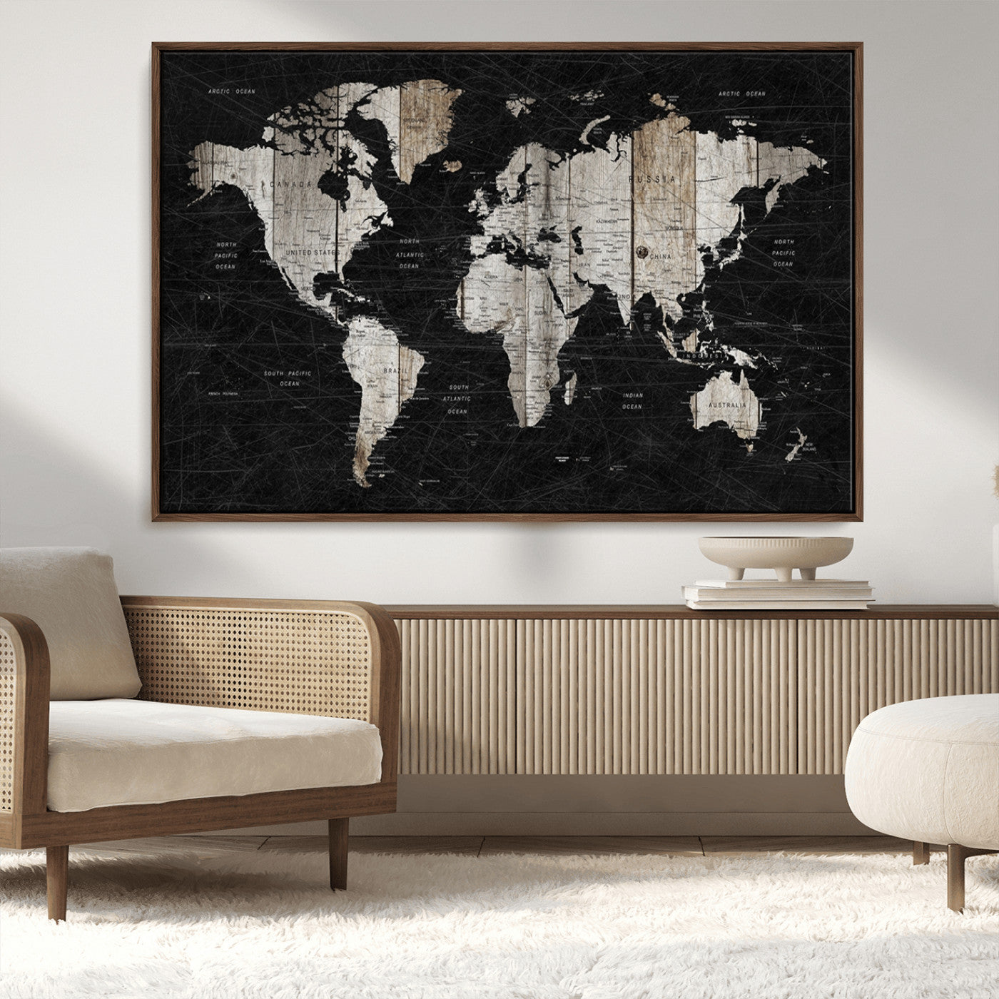 89998-MGV-CV-36X24-Rustic Black and Wood World Map Canvas Wall Art – Framed Push Pin Travel Map for Home and Office Decor, Modern Vintage Wall Artwork