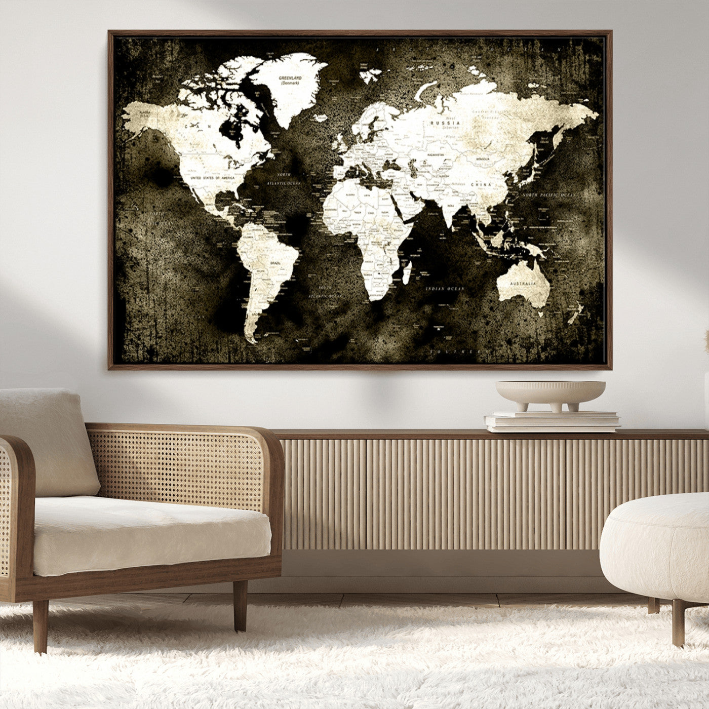 66737-MGV-CV-36X24-Vintage World Map Canvas Wall Art – Framed Push Pin Travel Map for Home and Office Decor, Rustic Wall Artwork for Travelers