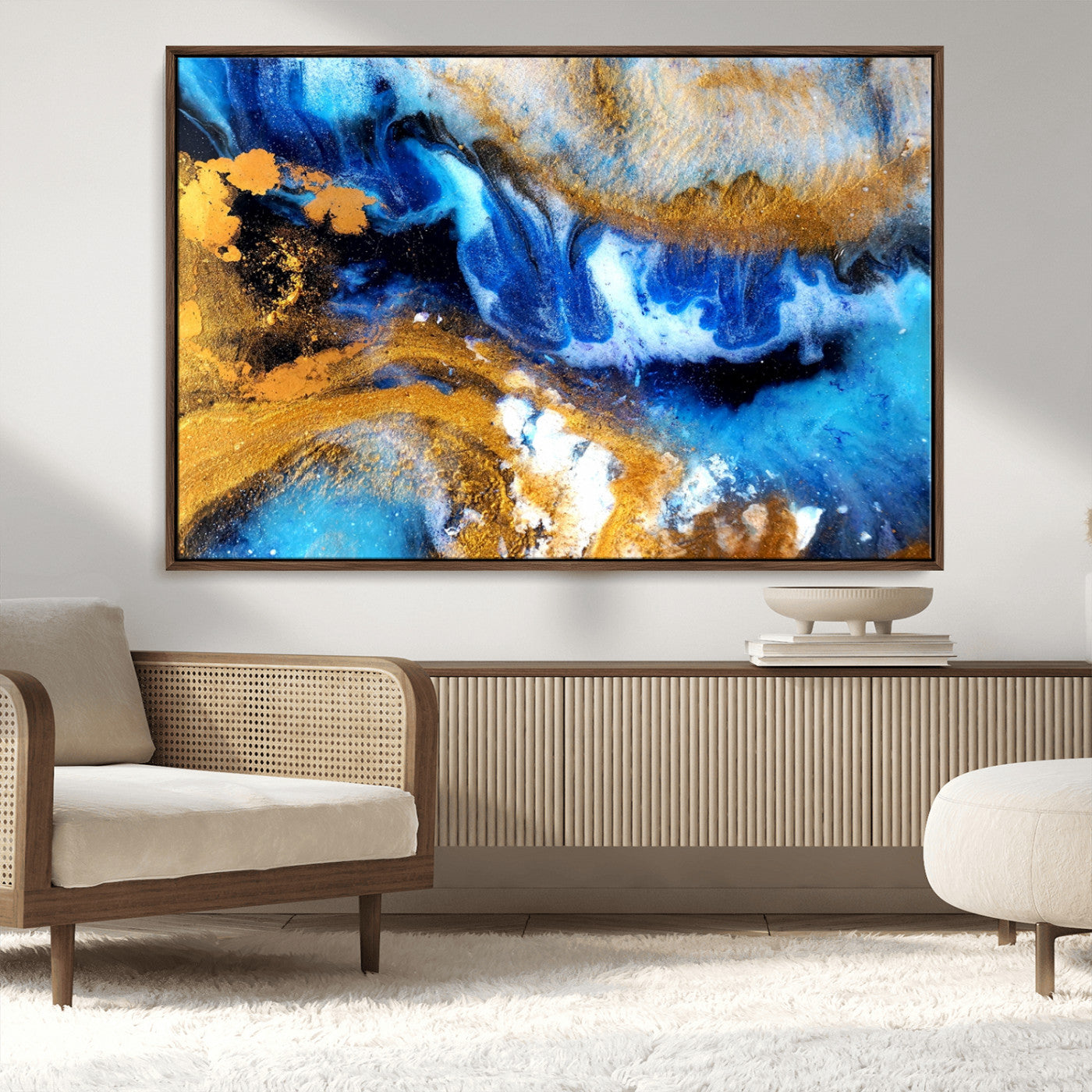 42100-MGV-CV-36X24-Blue Orange Marble Fluid Effect Canvas Wall Art Print