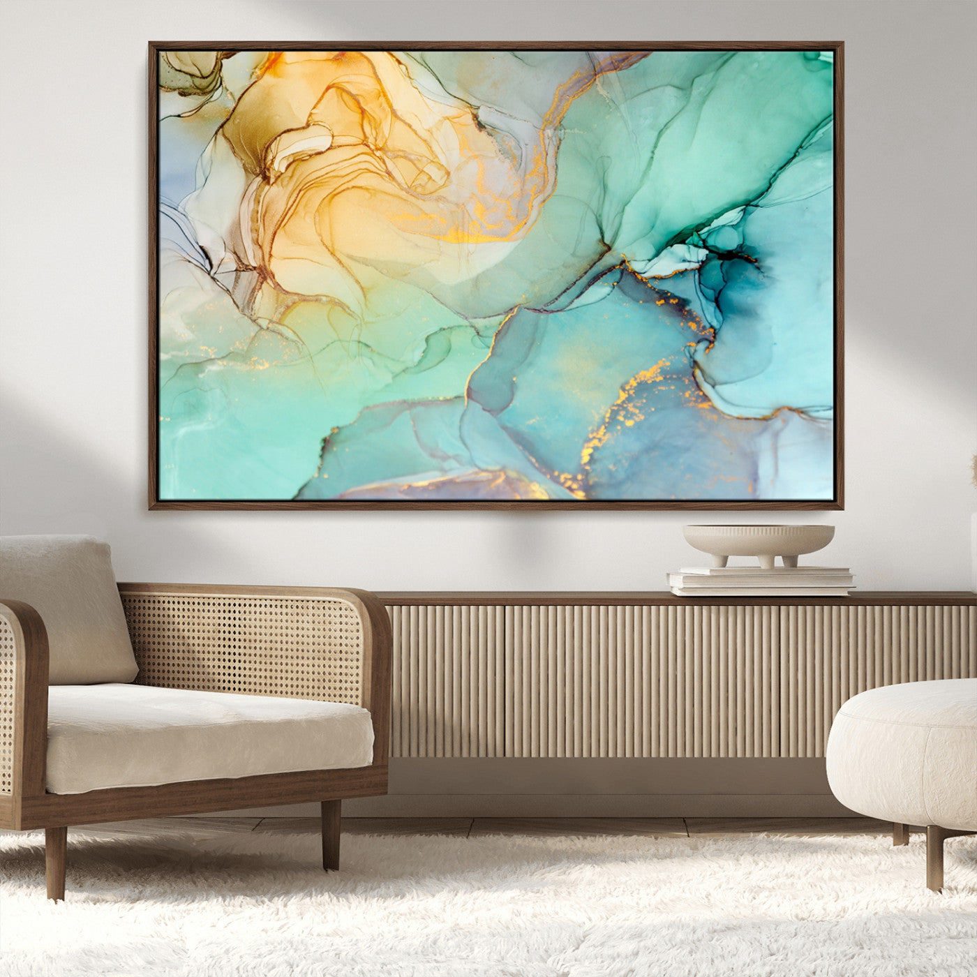 84233-MGV-CV-36X24-Abstract Aqua and Gold Fluid Wall Art Canvas | 3 Panel Large Canvas Print for Living Room, Office,