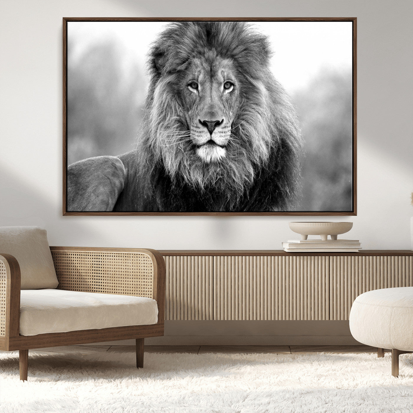 91590-MGV-FC-36X24_Walnut-Black and White Lion Canvas Wall Art – Animal Print Artwork for Home, Office, Living Room, Guest Room