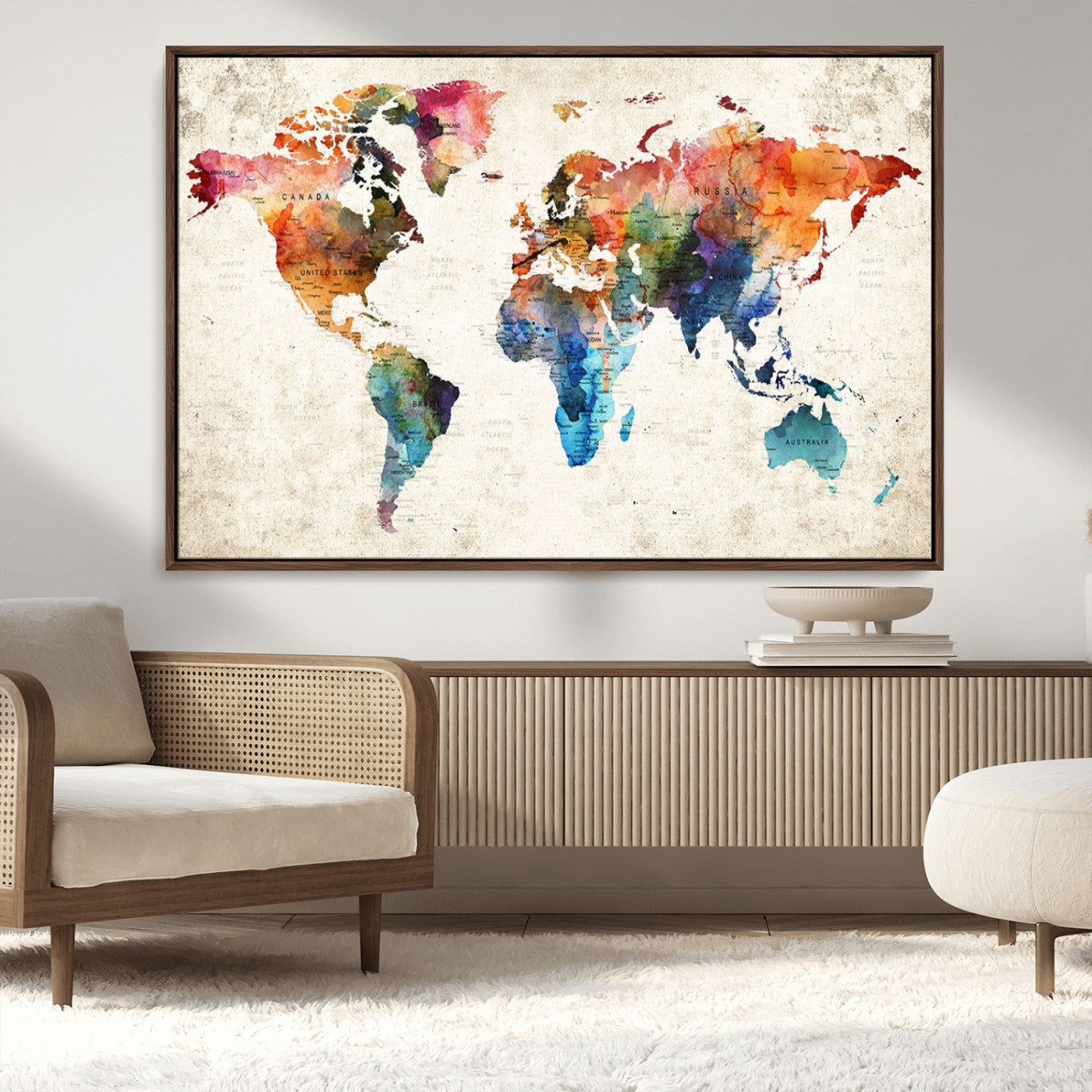 66549-MGV-CV-36X24-Colorful Watercolor World Map Canvas Wall Art – Framed Push Pin Travel Map for Home and Office Decor, Artistic Modern Wall Artwork