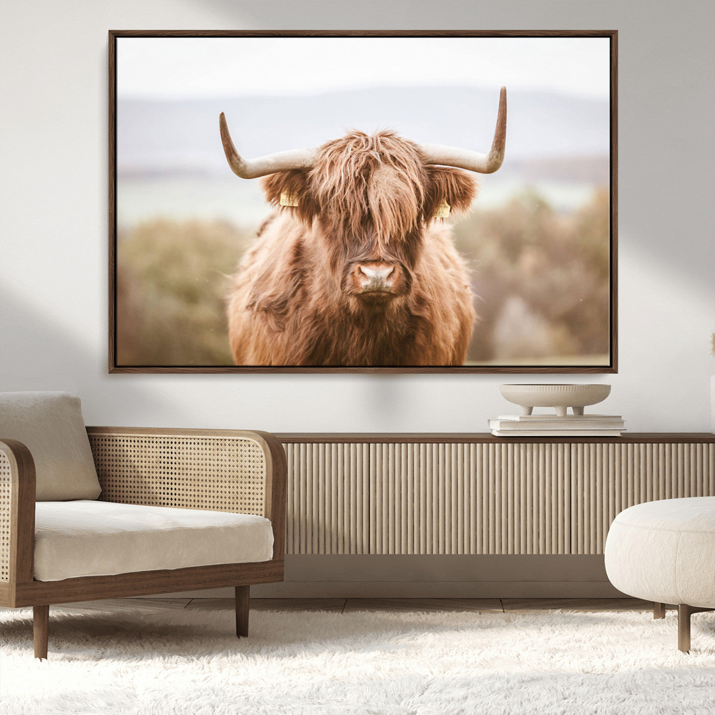 61584-MGV-FC-60X30-3P_Natural-Scottish Serene Highland Cow Canvas Wall Art – Serene Highland Cow in Natural Pastel Tones – Ready