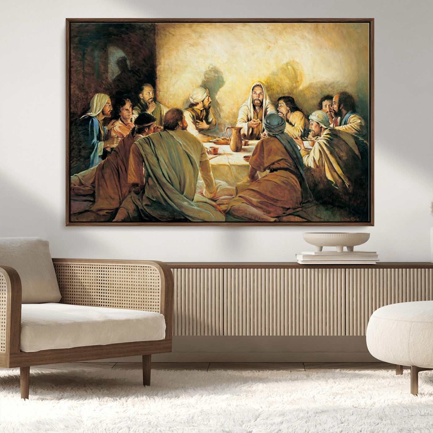 Framed canvas print of the Last Supper, depicting Jesus and his disciples, perfect for religious or Christian-themed home decor.