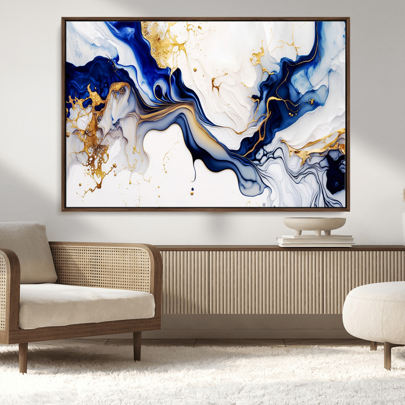 93392-MGV-CV-36X24-Golden Cascades on Midnight Blue – Deep Blue Abstract Wall Art Flowing Elegance | Wall Art Canvas,