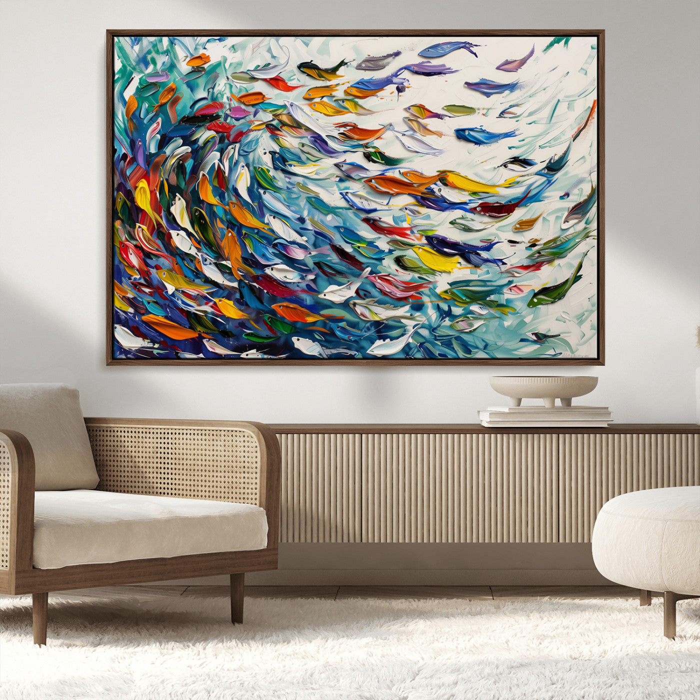-Modern Abstract Fish Shoal Wall Art Canvas Print, Colorful Fish Herd Painting on Canvas Print, Ocean