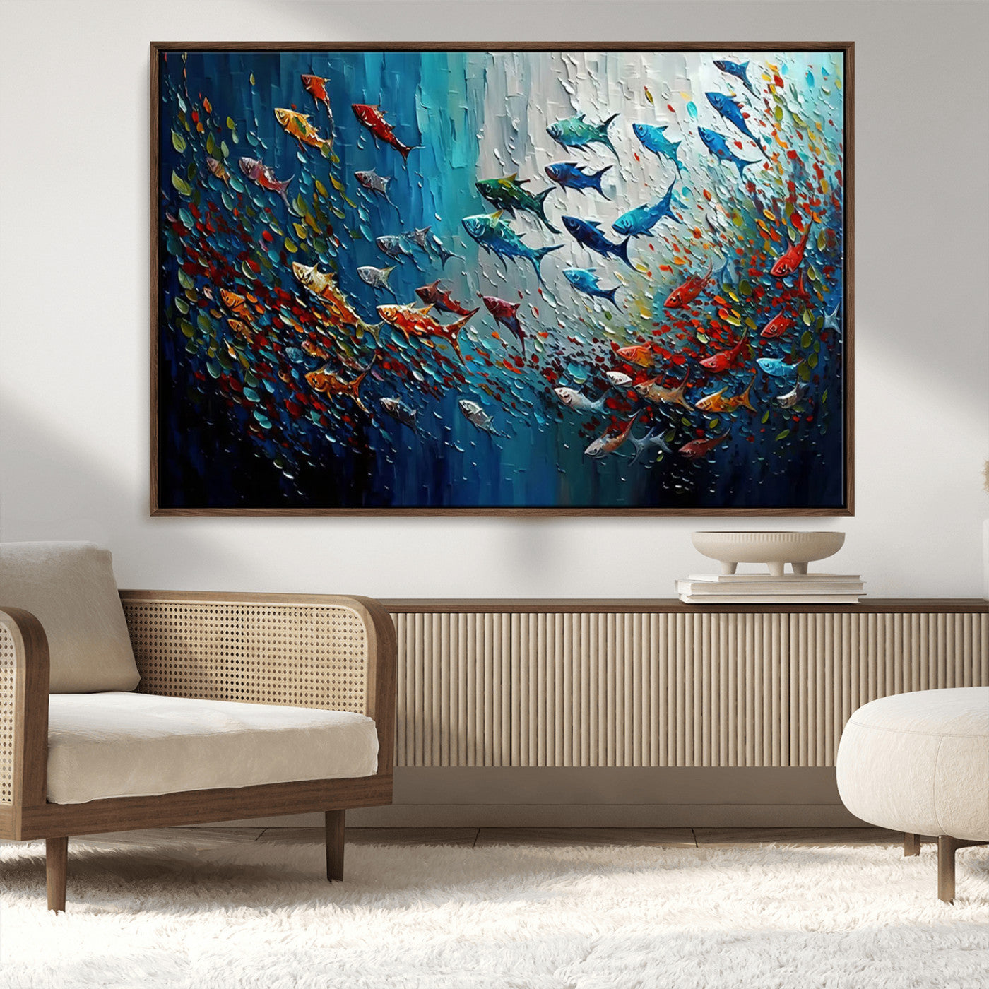 -Modern Abstract Fish Shoal Wall Art Canvas Print, Colorful Fish Herd Painting on Canvas Print, Ocean