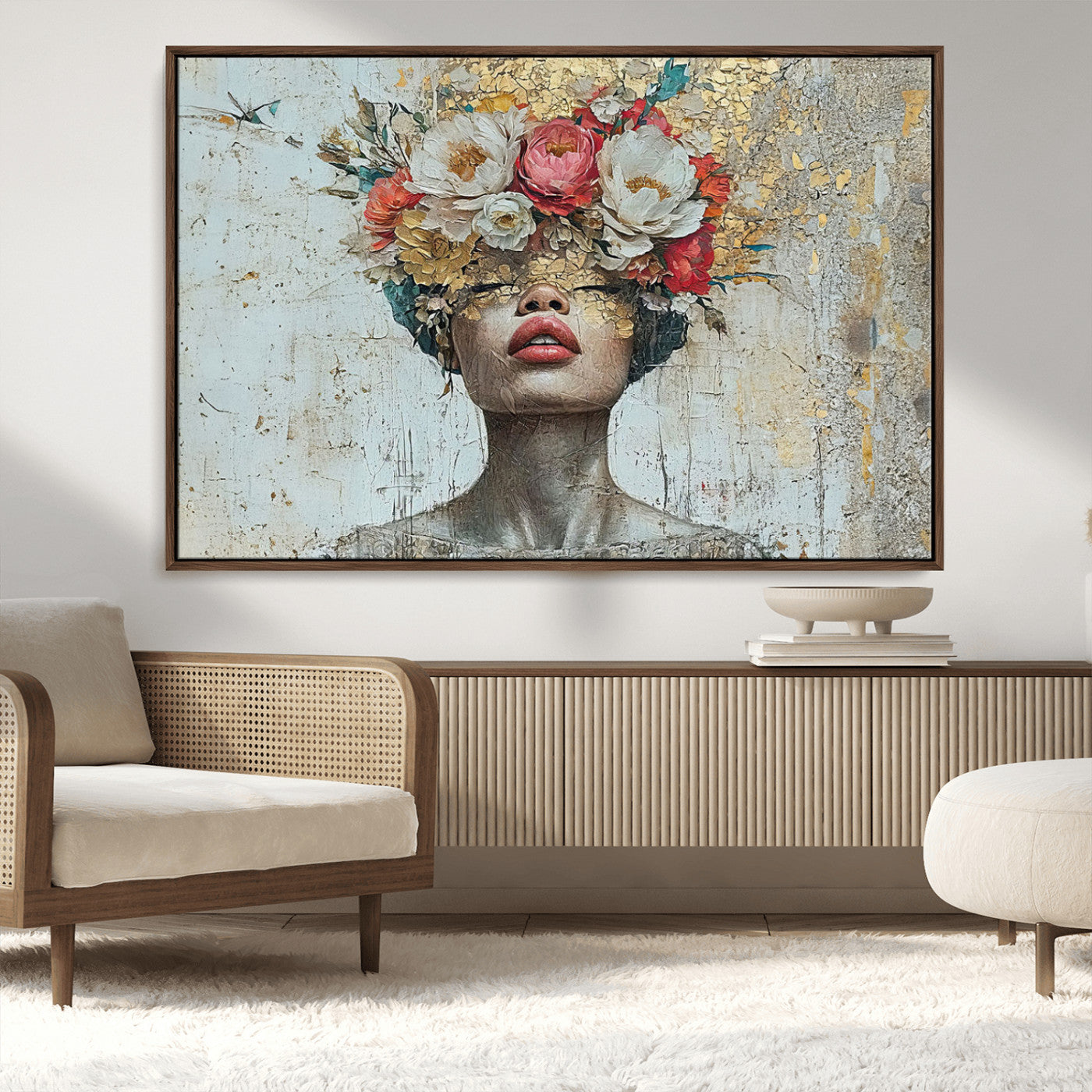 26919-MGV-CV-36X24-Golden Petal Wall Art Canvas Print - Silhouette Woman Wall Art Canvas Print, Floral Woman Portrait