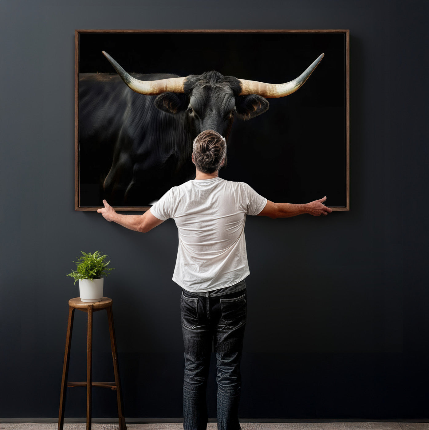 63798-MGV-CV-36X24 - Texas Longhorn Cow | Majestic Black Bull Wall Art Canvas Print - Farmhouse Animal Decor - Ready to