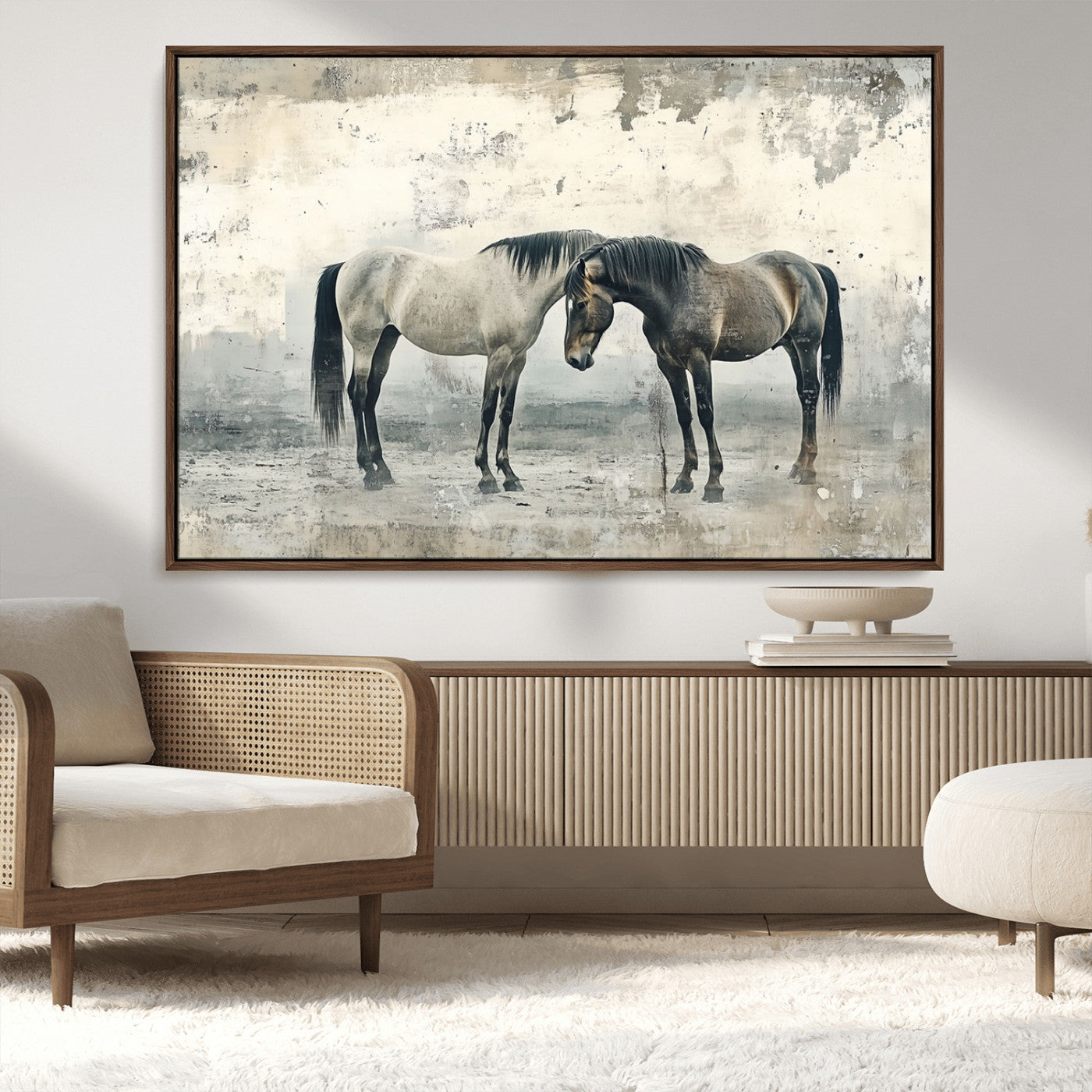 33288-MGV-FC-36X24_Walnut-Chines Style Majestic Horses Wall Art | Ready to Hang and Framed Triptych Print | Western Farmhouse