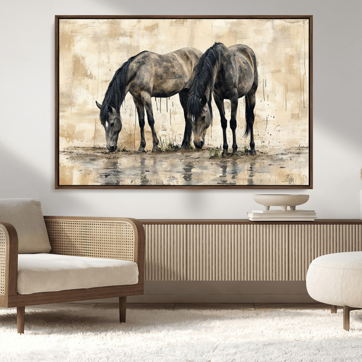 45159-MGV-FC-36X24_Walnut-Chinese Style Abstract Black Horses Wall Art Canvas Print - Abstract Horse Wall Art Canvas Print