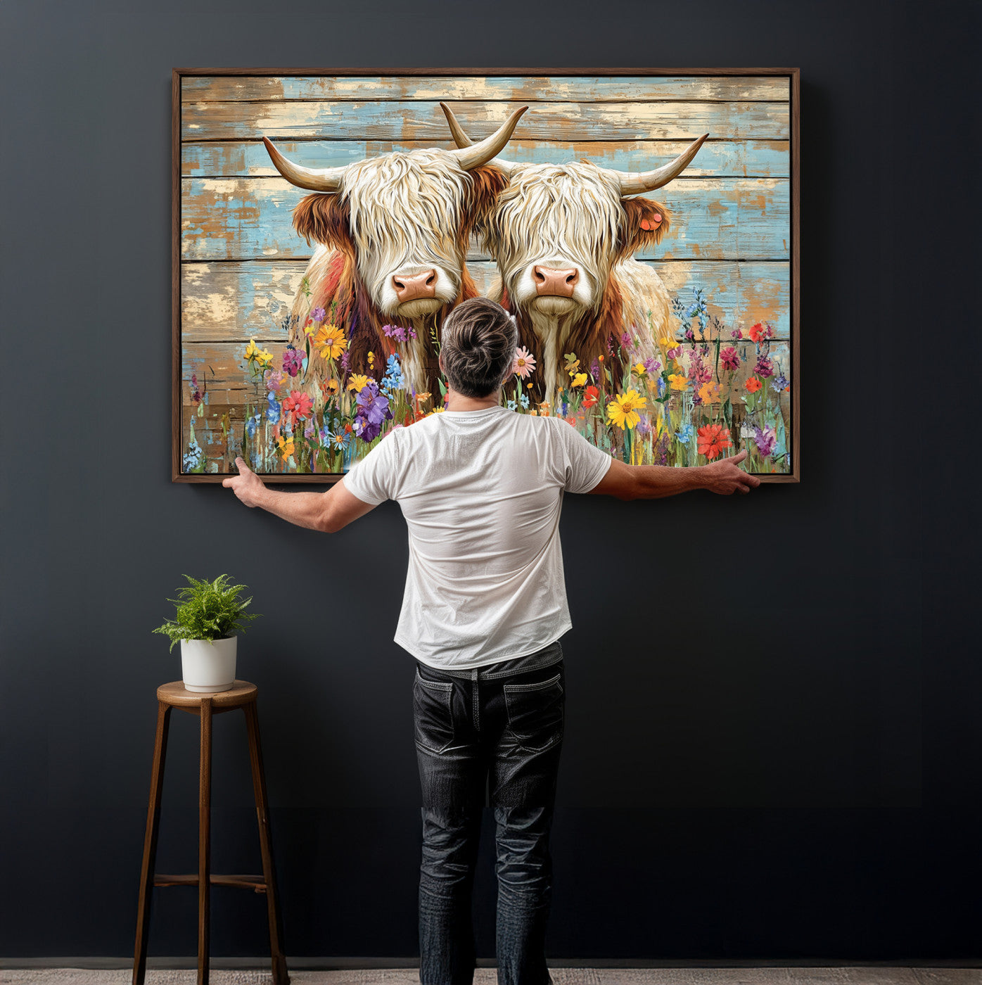 36972-MGV-CV-36X24 - Cute Highland Cow Canvas Wall Art - Rustic Farmhouse Decor with Colorful Flowers Perfect Wall Art