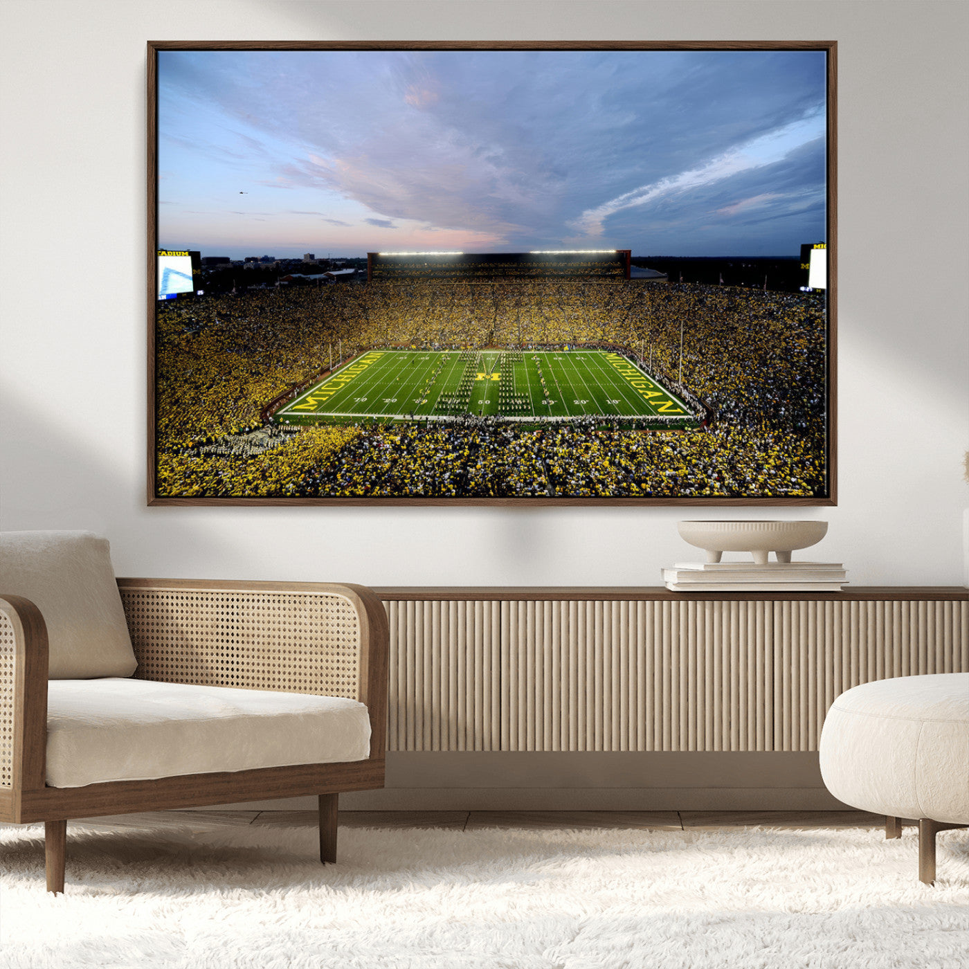 82641-MGV-CV-36X24-Michigan Stadium Wall Art Canvas Print – Framed Football Field Scene with Marching Band Artwork for Home, Office
